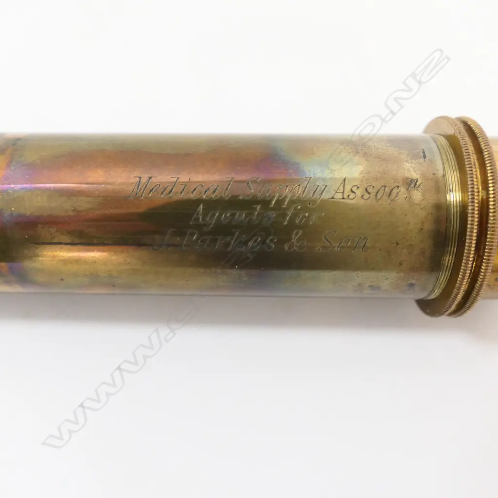 LACQUERED & BRASS MICROSCOPE, CAST TRIPOD STAND BARREL ENGRAVED 'MEDICAL SUPPLY ASSn, AGENTS for J.PARKES & SON. IN BOX Image 1++